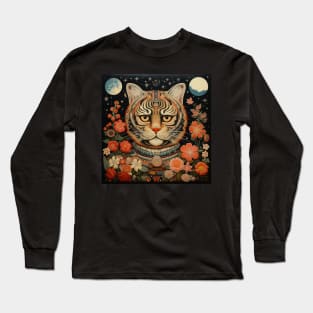 Surrealistic Folk Art Dark Floral Motif Tiger Design Long Sleeve T-Shirt